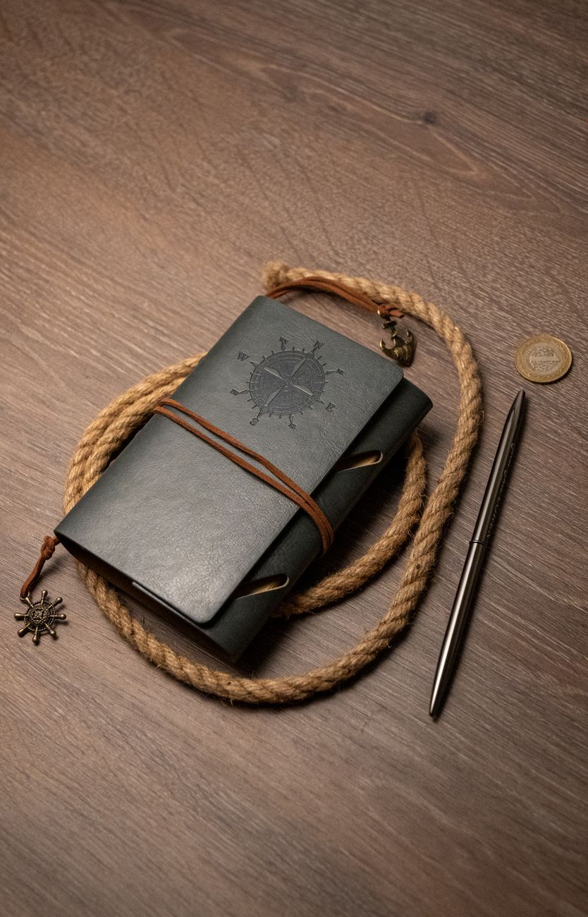 Travel journal and vintage compass on wooden table