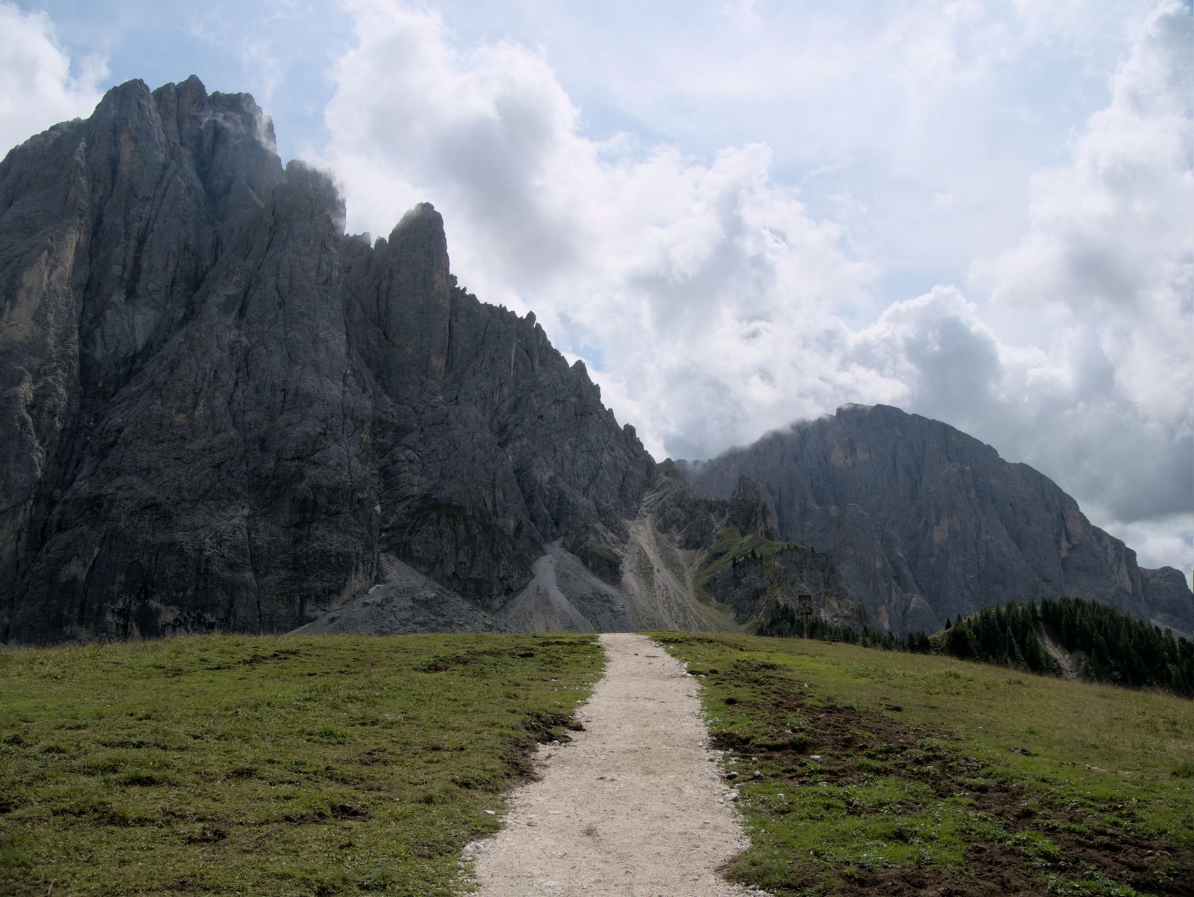 Vertical pale limestone spires in South Tyrol, Italian Alps